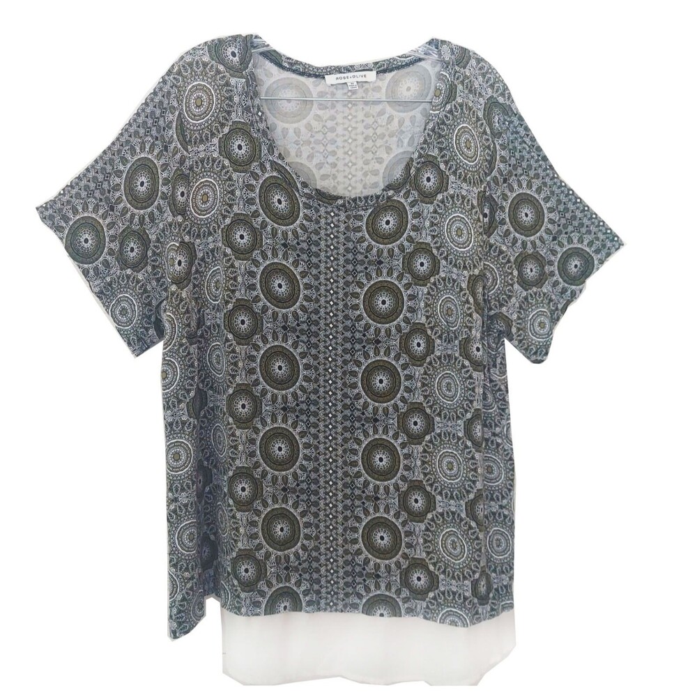 Rose + Olive 2x T-Shirt Green White Soft Rayon Chiffon Layer Short Sleeve Top